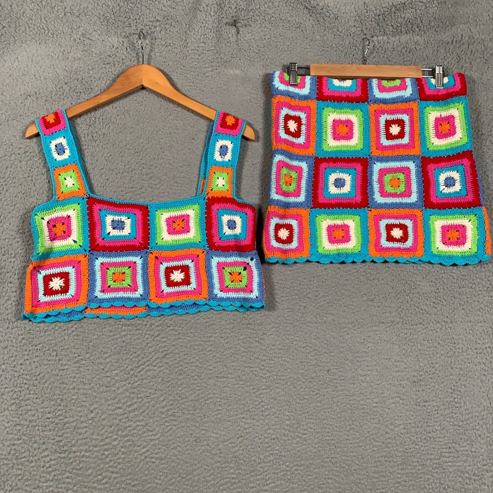 Show Me Your Mumu Virgo Crop Top Skirt Set Women S L Multi Square Crochet Boho